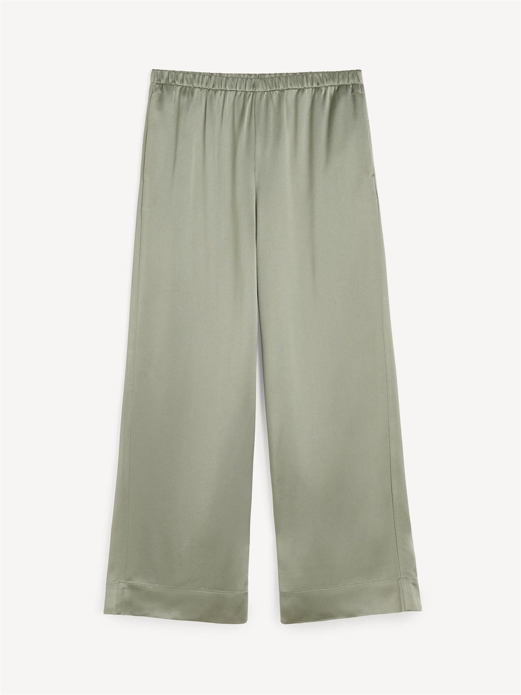 Cabello satengbukse i olivengrønn polyester med høyt liv, vide ben og glatt satengfinish.