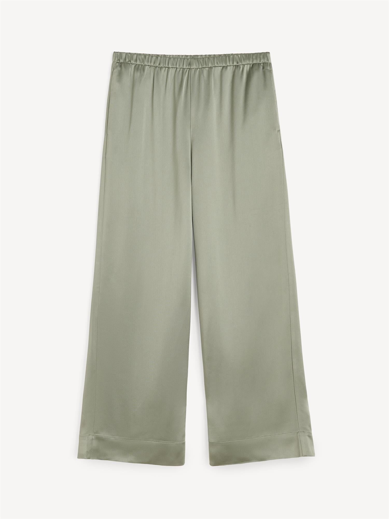 Cabello satengbukse i olivengrønn polyester med høyt liv, vide ben og glatt satengfinish.
