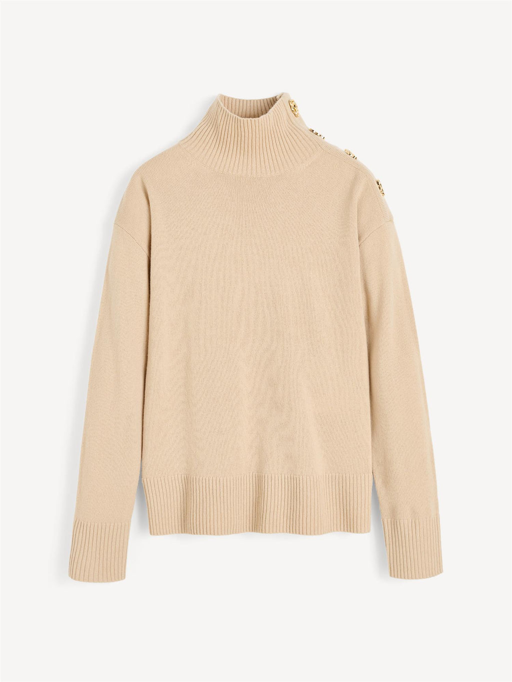 Kremfarget høyhalset genser i 100% ull med polo-hals og slim fit – By Malene Birger