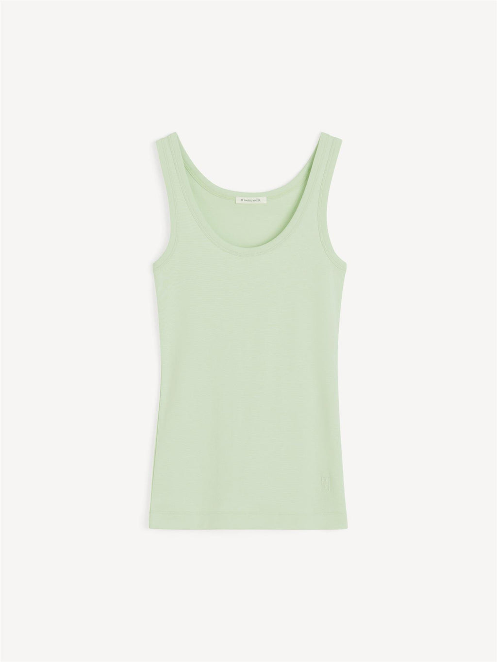 Lysegrønn topp i organisk bomull, smal passform, rund dyp utringning, brede stropper, brodert monogram