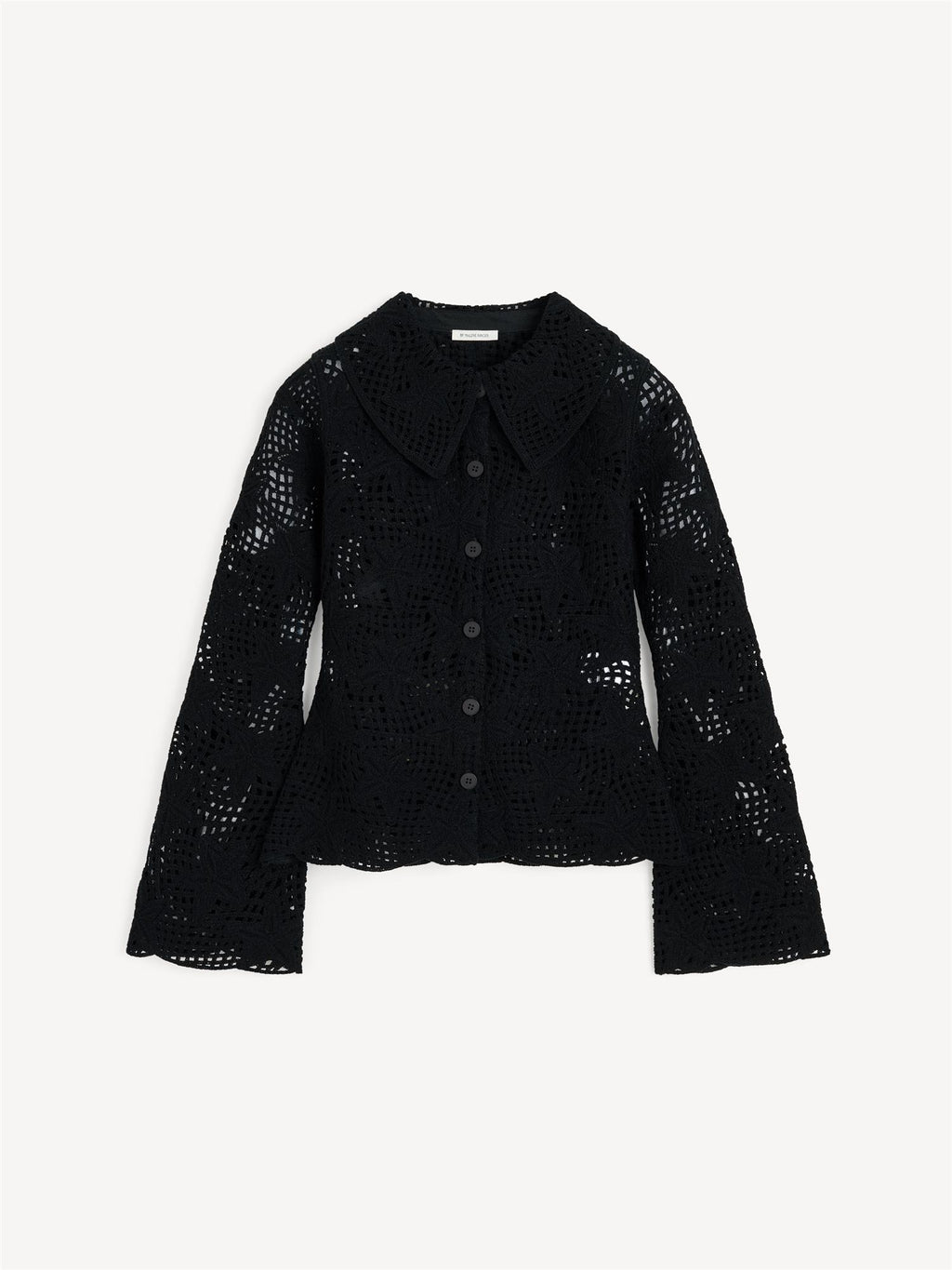 Sort heklet genser med sommerfuglmotiv og stor krage – By Malene Birger