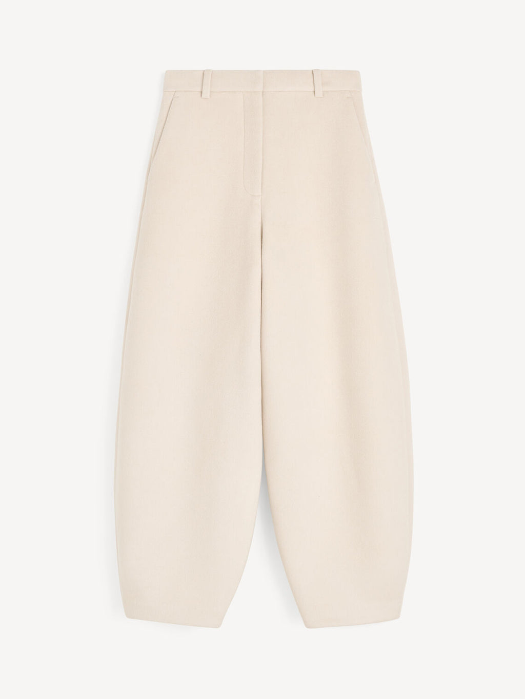 Carlien bukse i kremhvit 100% ull, høyt liv og kongleformet silhuett med vide, elegante ben.