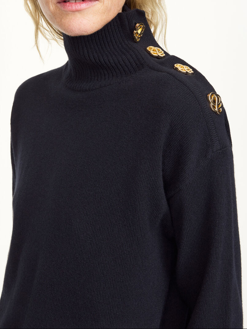 Sort høyhalset genser i 100% ull med polo-hals og slim fit – By Malene Birger