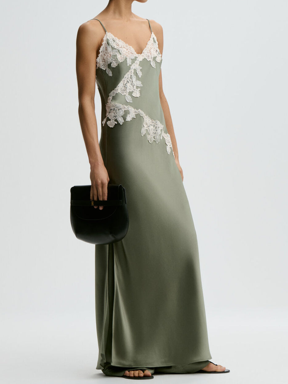 VERA Sateng kjole med blonder Olivengrønn