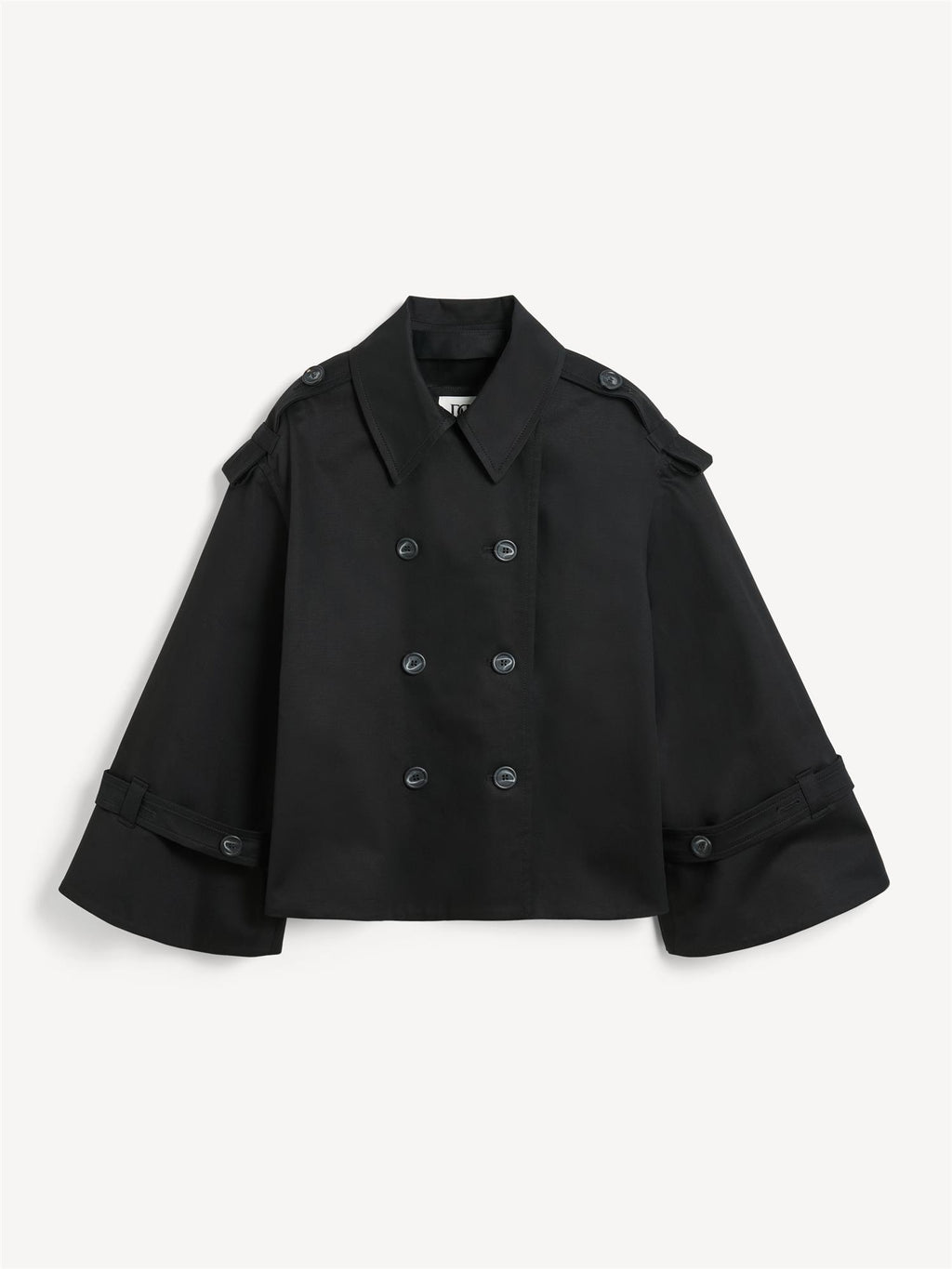 By Malene Birger Alisandra kort trenchcoat i svart, laget av bomull og elastan, med et oversized uttrykk og et feminint snitt.