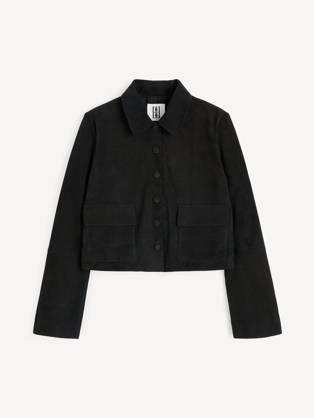 Sort kort jakke i semsket skinn, feminint cropped snitt, myk semsket kvalitet