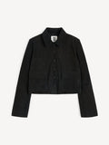 Sort kort jakke i semsket skinn, feminint cropped snitt, myk semsket kvalitet