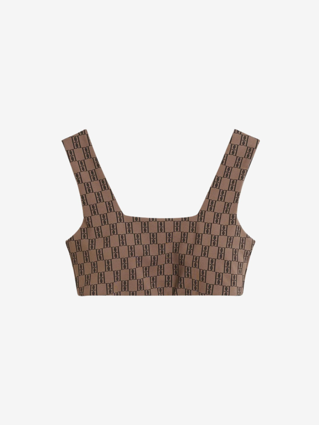 By Malene Birger Braga treningstopp i brun, med monogrammønster og elastisk bånd rundt livet, laget av resirkulert polyamid, polyamid og elastan.