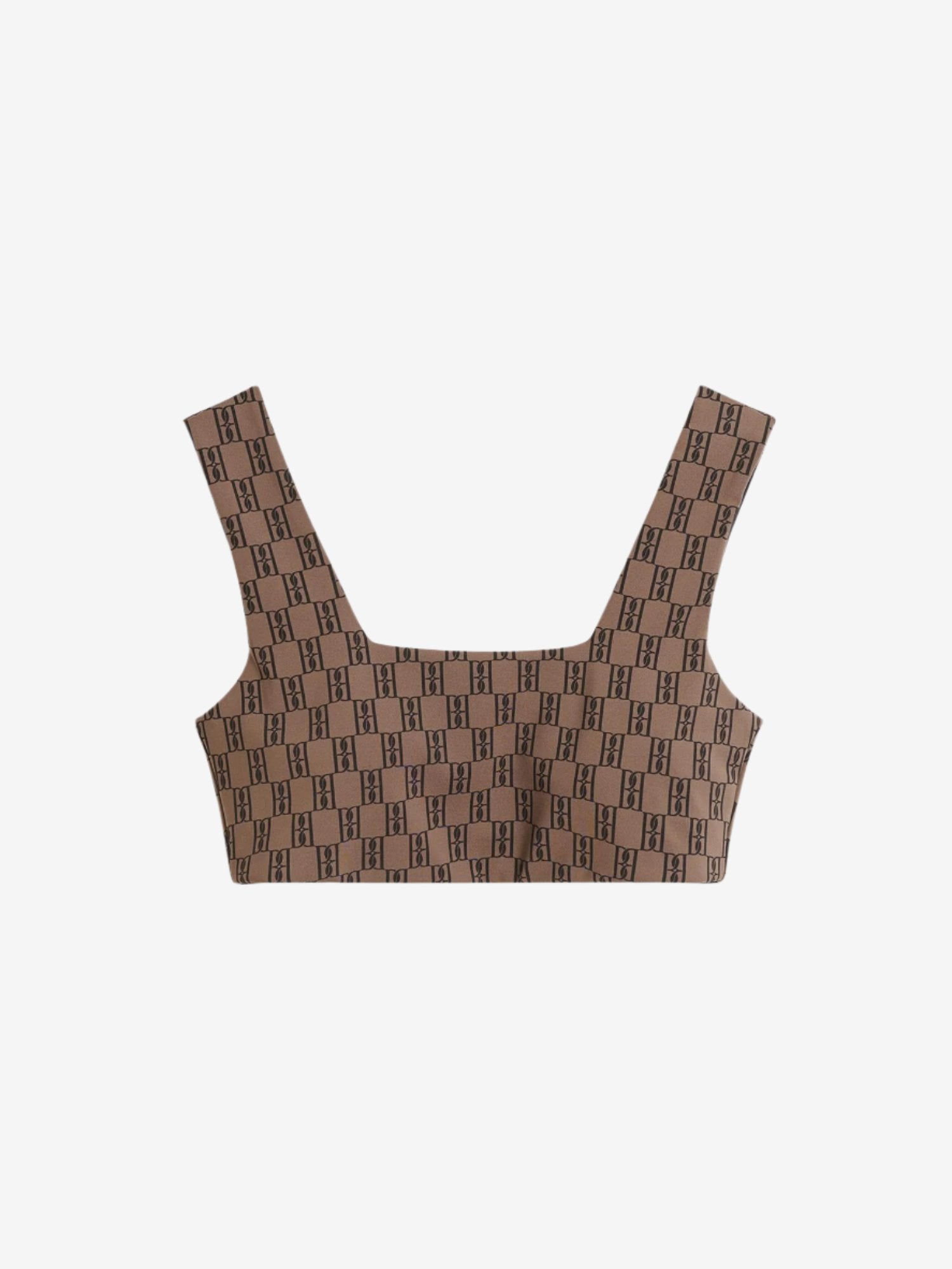 By Malene Birger Braga treningstopp i brun, med monogrammønster og elastisk bånd rundt livet, laget av resirkulert polyamid, polyamid og elastan.