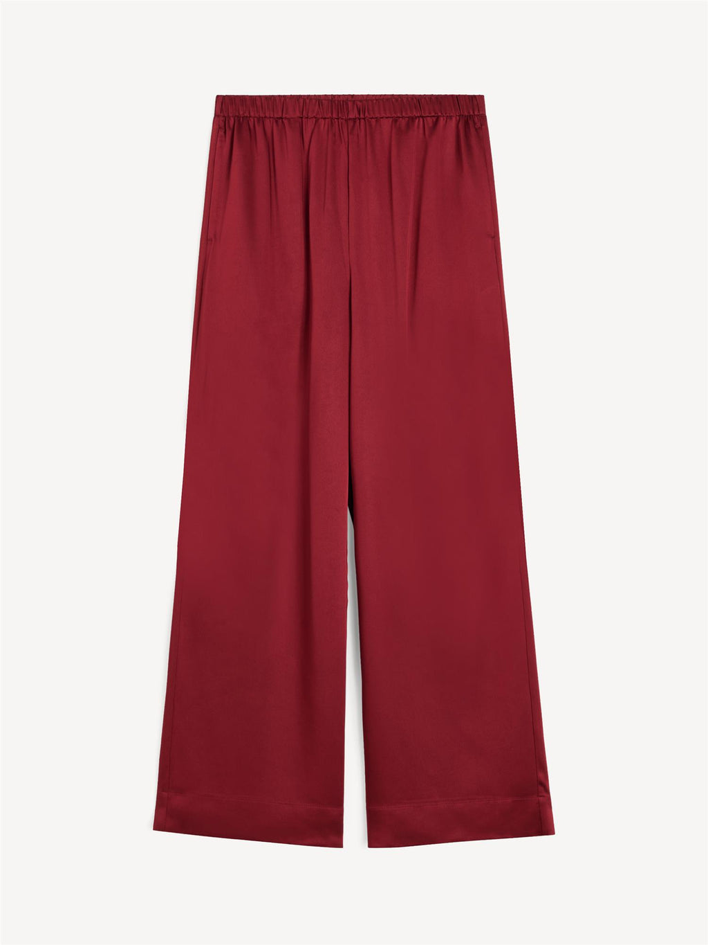 Cabello satengbukse i burgunder polyester med høyt liv, vide ben og glatt satengfinish.
