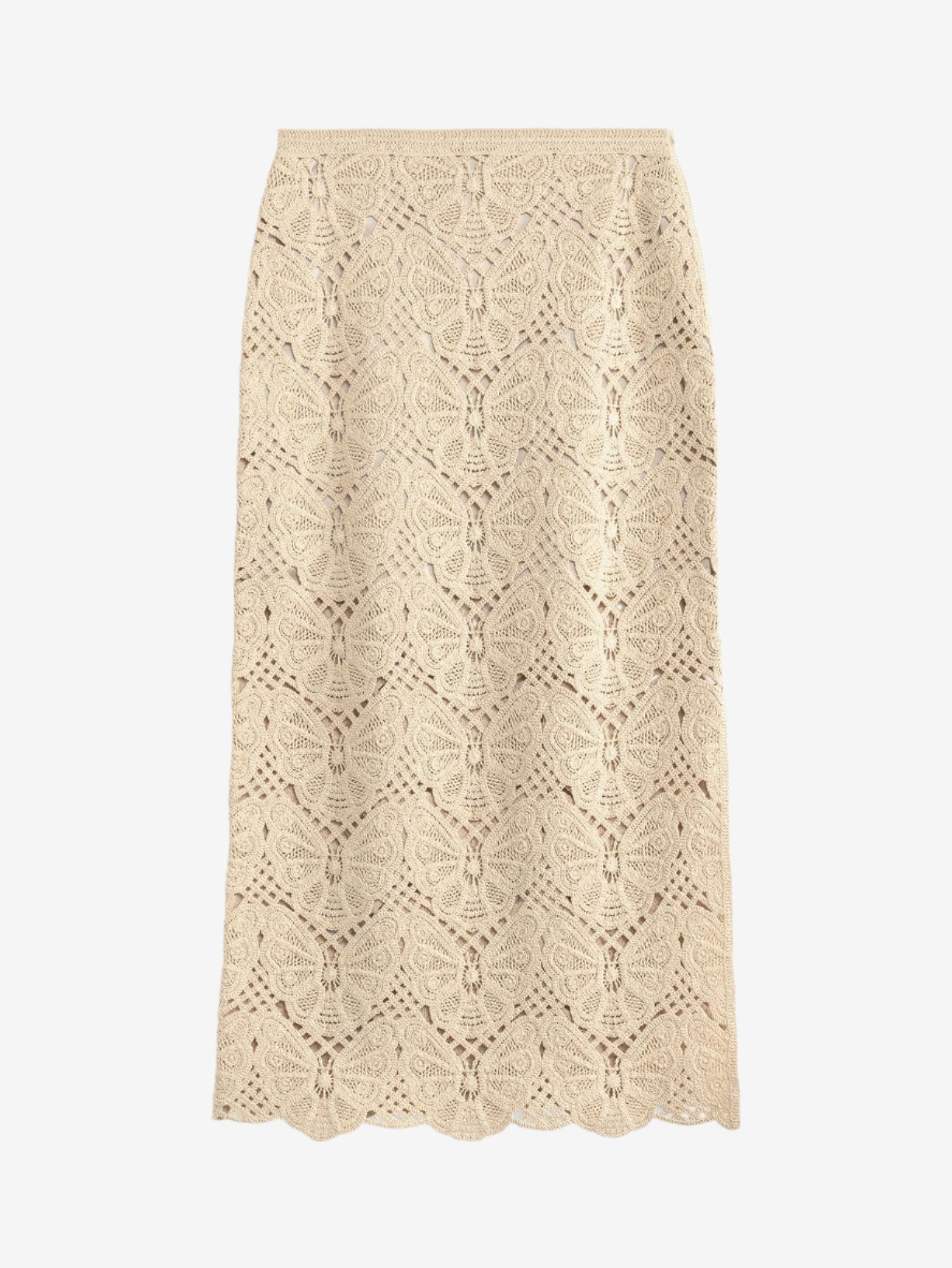 By Malene Birger Cantala heklet maxi-skjørt i kremfarget, med sommerfuglmotiv, splitt i siden og laget av bomull og resirkulert polyamid.