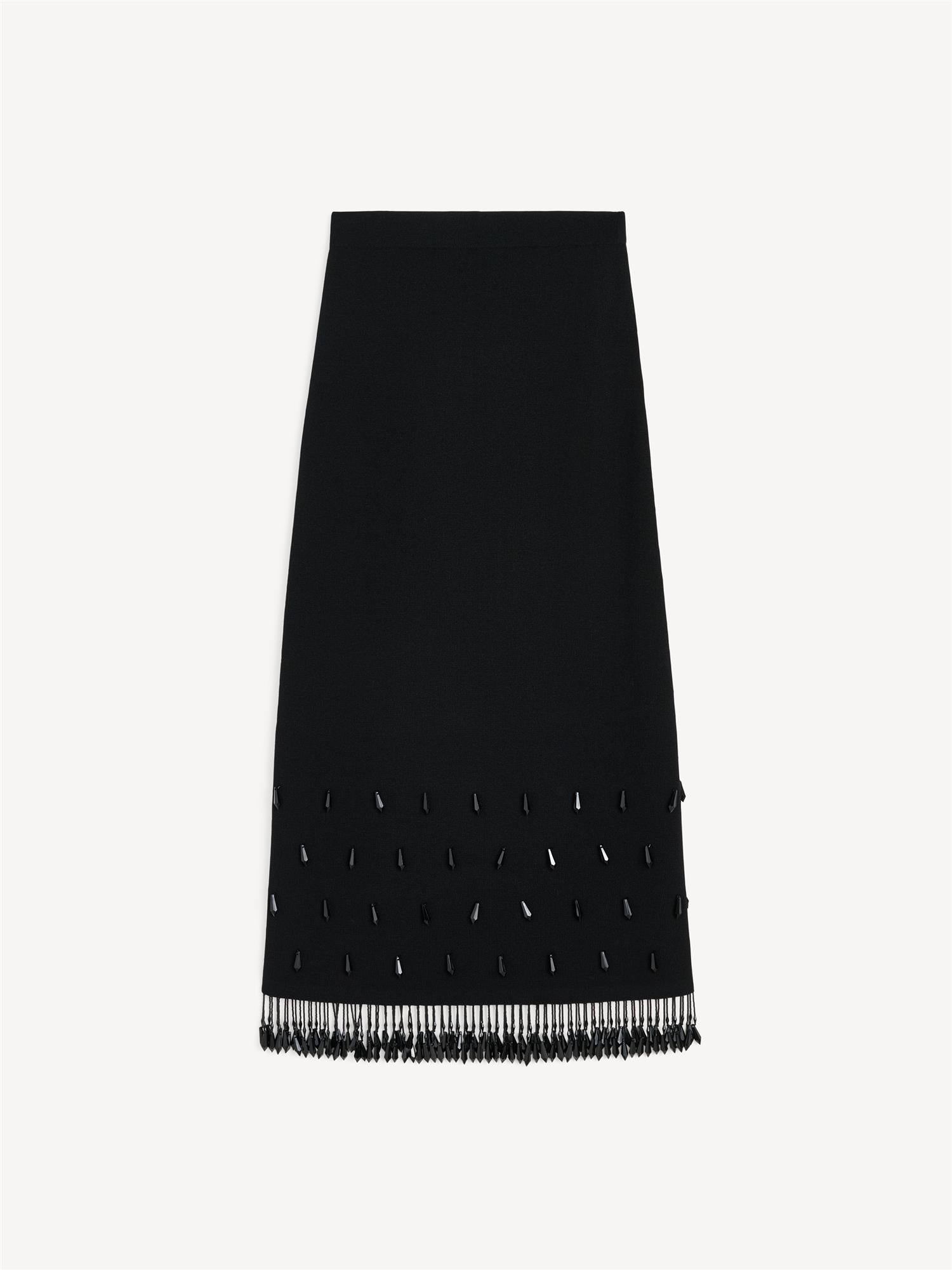 By Malene Birger Estilla strikket viskoseskjørt i sort med perlekant, strikk i livet og A-form.