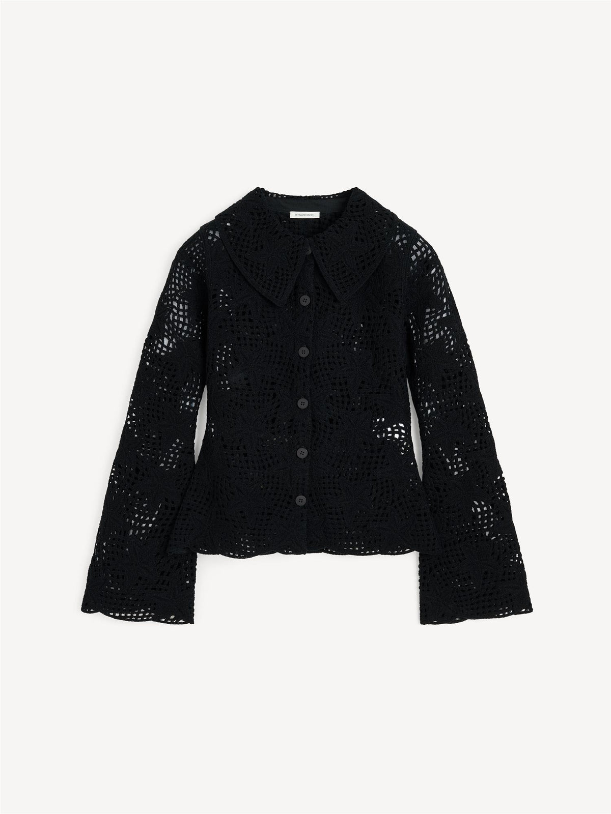 Sort heklet genser med sommerfuglmotiv og stor krage – By Malene Birger