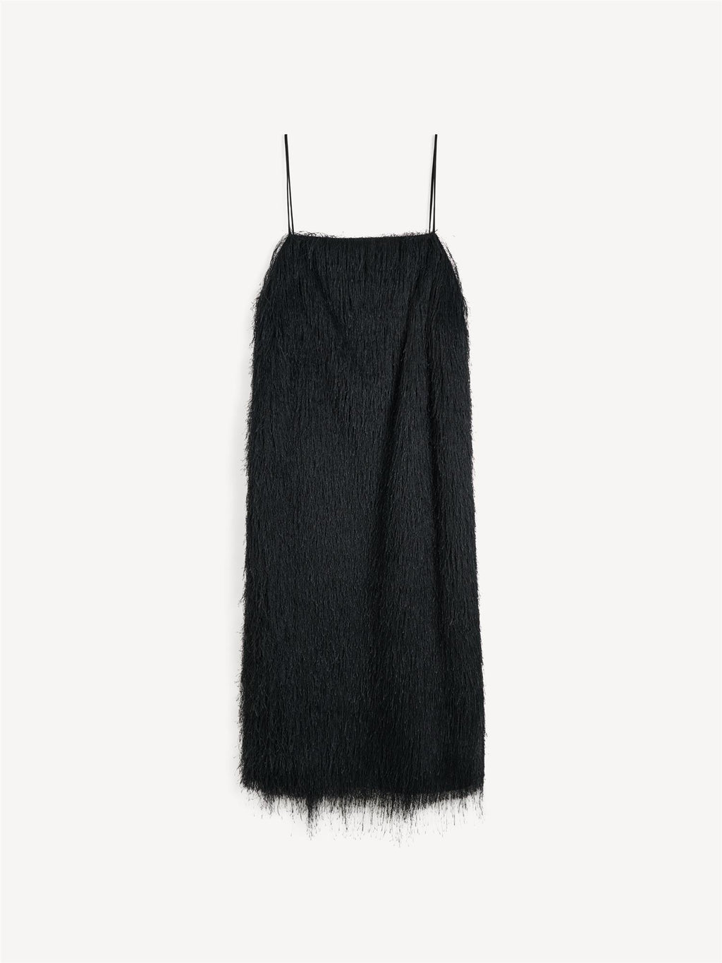 By Malene Birger Ledo minikjole i sort, med justerbare stropper og en frynset struktur, laget av 100% polyester.