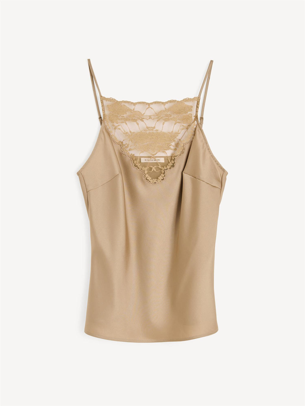 By Malene Birger Leeba topp i beige, laget av acetat og polyester, med blonde detaljer og et sensuelt, elegant uttrykk.