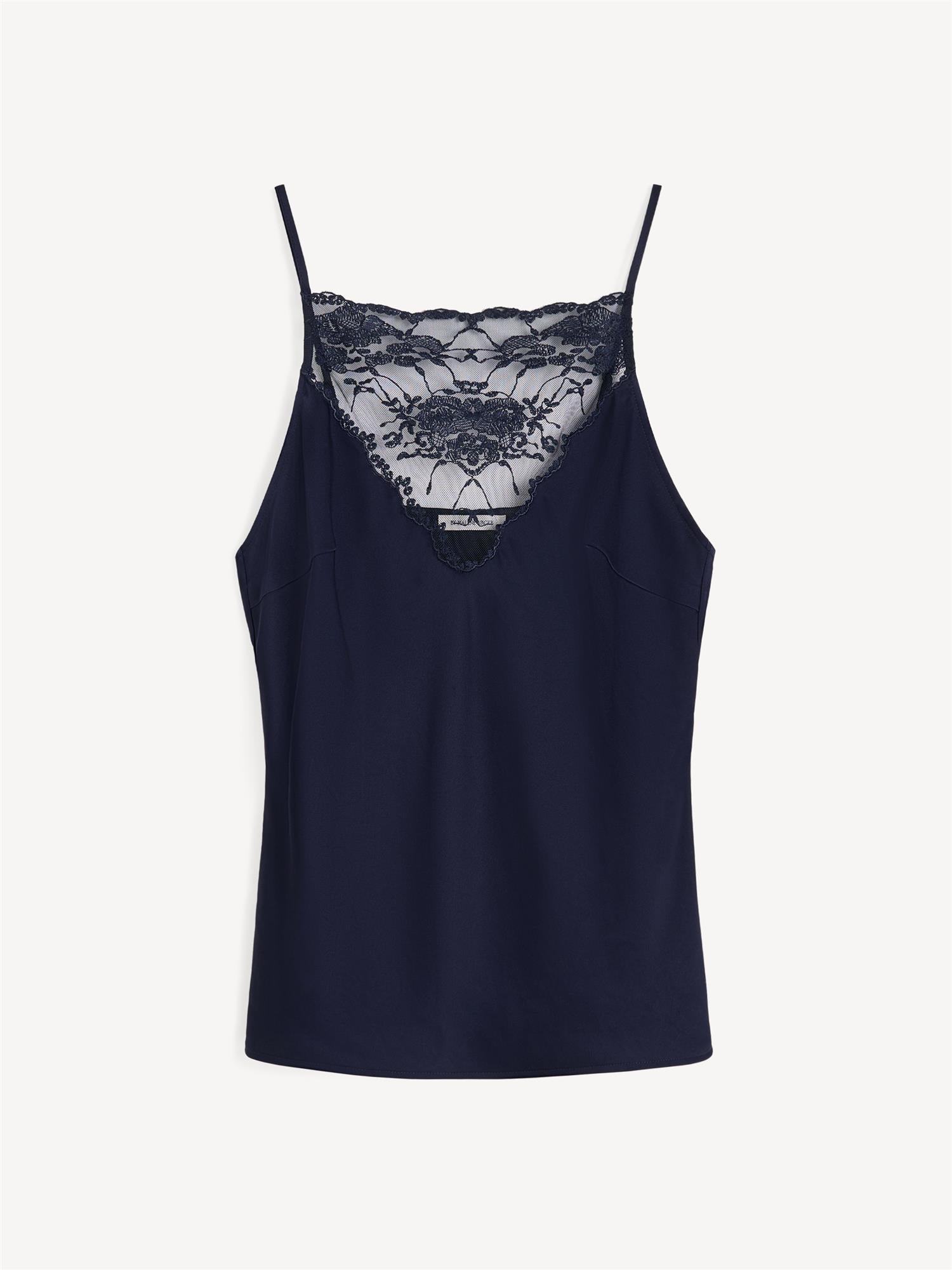 Mørkeblå topp med blonder i acetat og polyester, feminine detaljer, elegant og sensuelt uttrykk