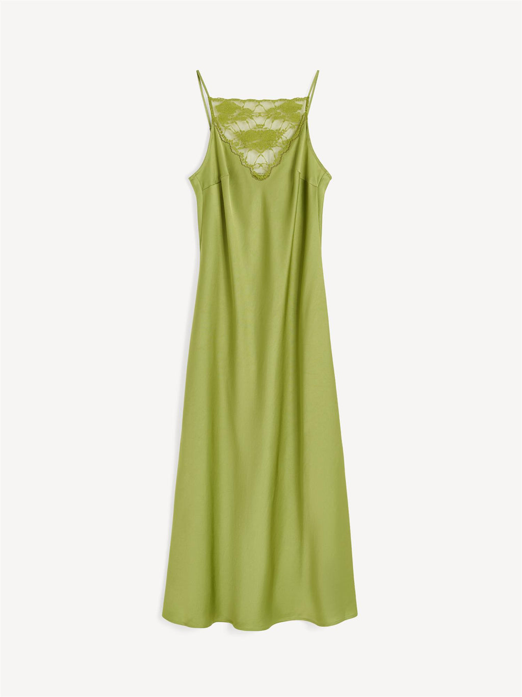 By Malene Birger Libbie kjole i grønn, med blonde-detaljer og et underkjole-inspirert uttrykk, laget av acetat og polyester.