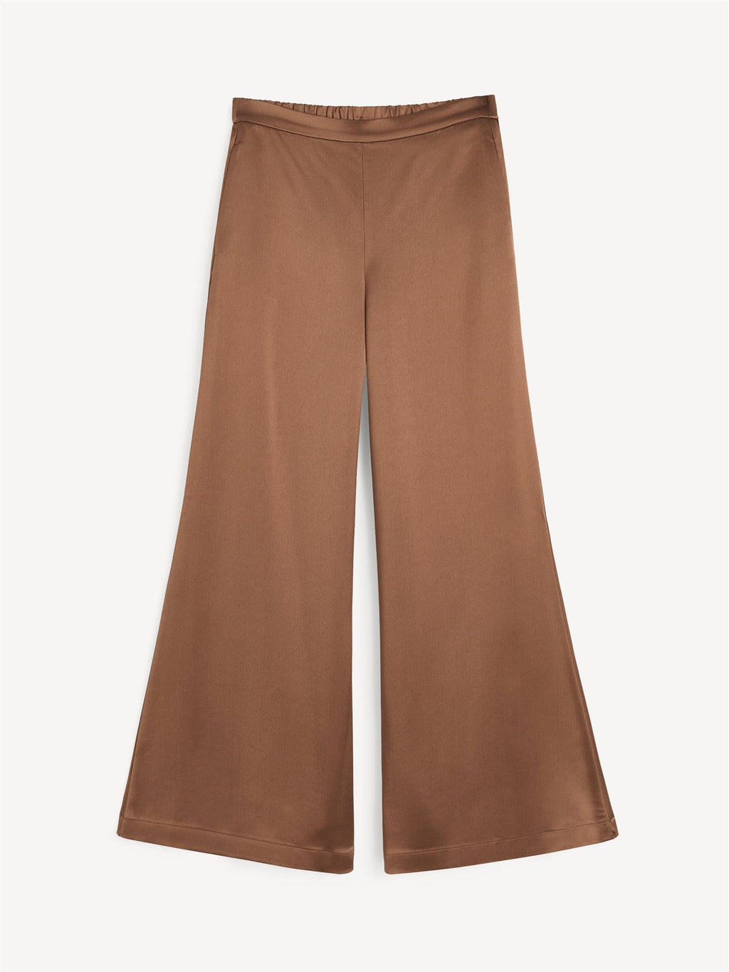 Lucee satengbukse i brun polyester med høyt liv, vide ben og glatt satengfinish.