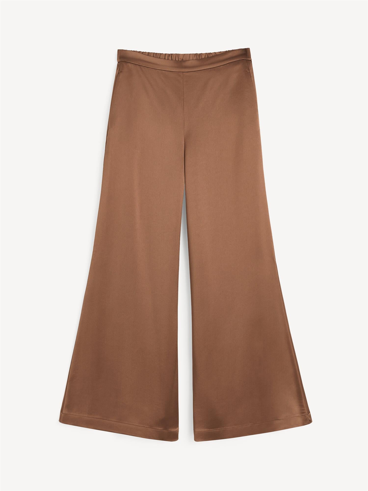 Lucee satengbukse i brun polyester med høyt liv, vide ben og glatt satengfinish.