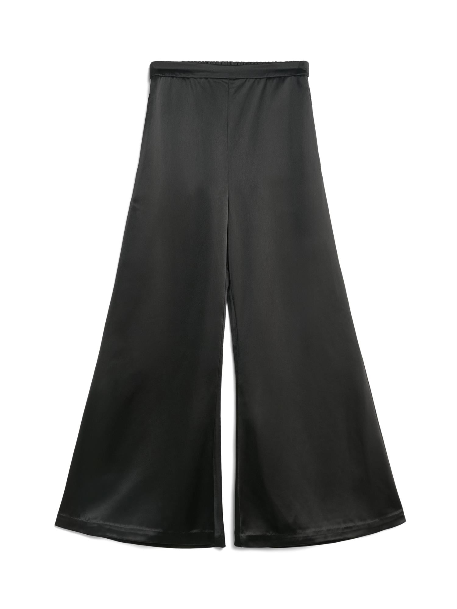 Lucee satengbukse i sort polyester med høyt liv, vide ben og glatt satengfinish.