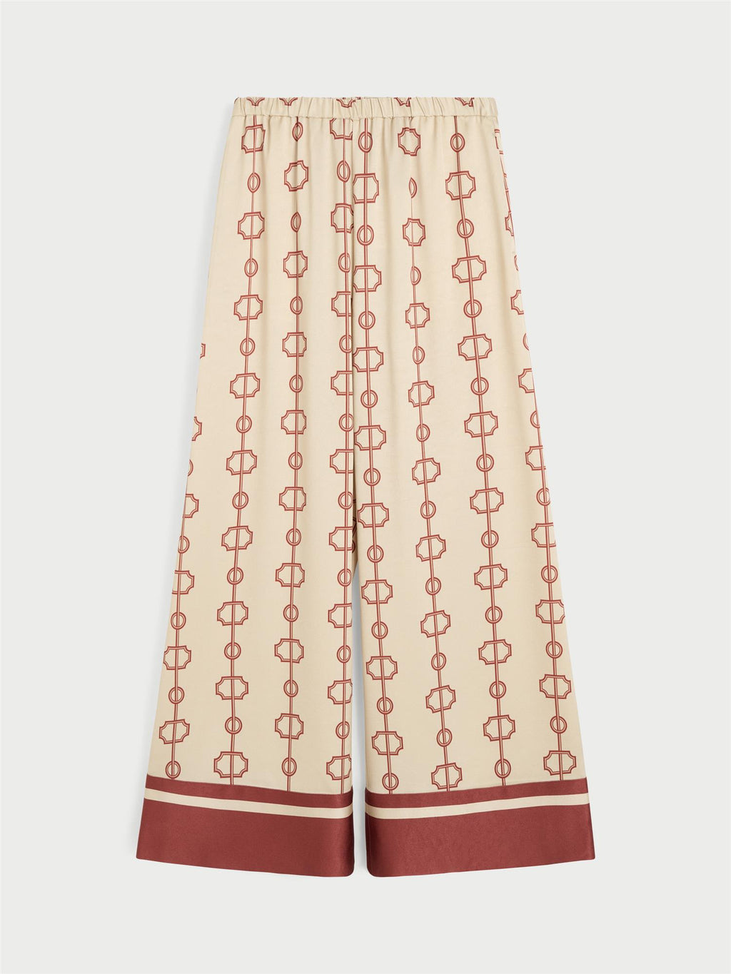LUNIA bukse fra By Malene Birger med egenutviklet print, laget i 85% acetat og 15% polyester. Høyt liv, strikk i livet, vide ben og lommer i siden.