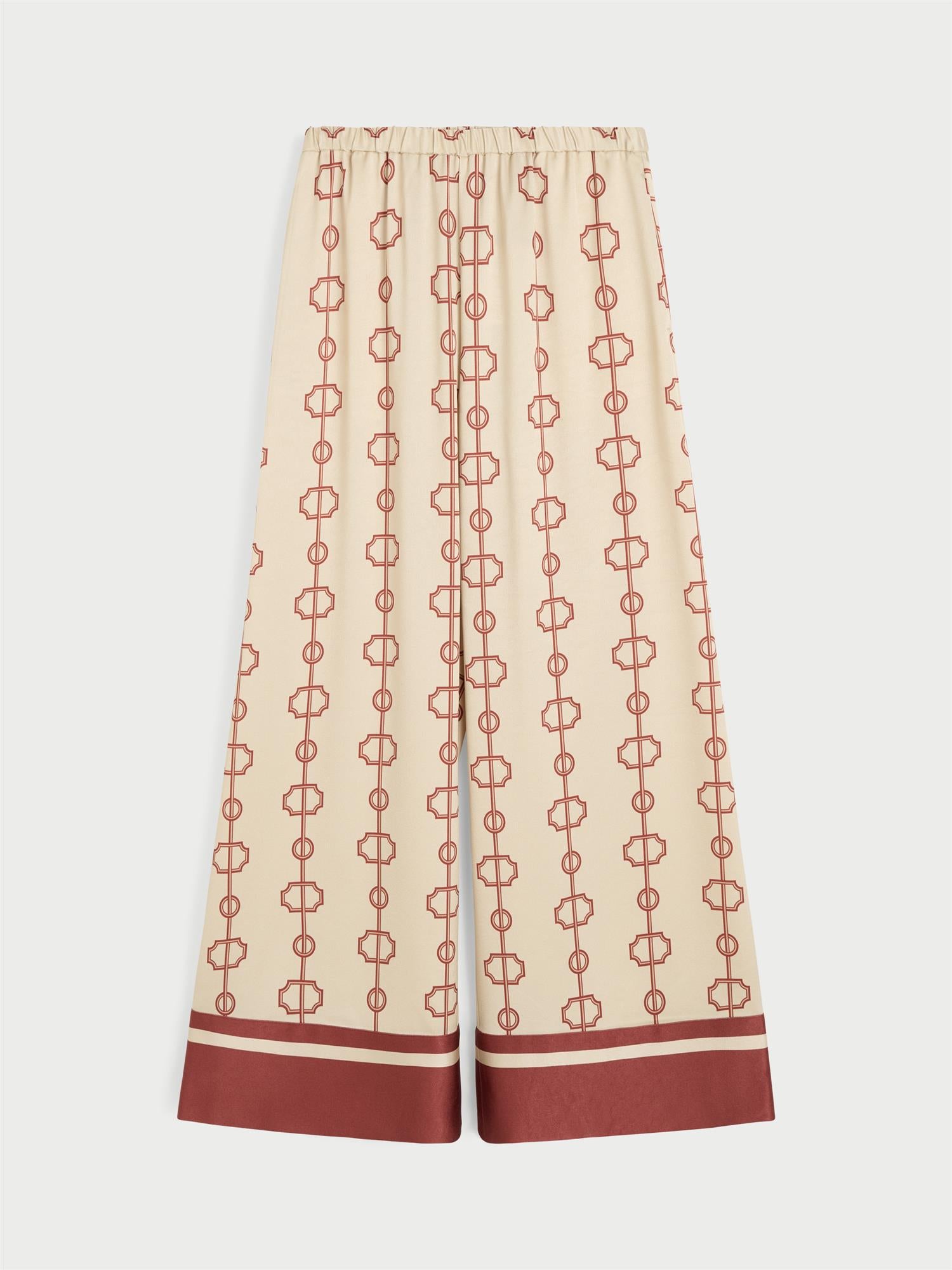 LUNIA bukse fra By Malene Birger med egenutviklet print, laget i 85% acetat og 15% polyester. Høyt liv, strikk i livet, vide ben og lommer i siden.