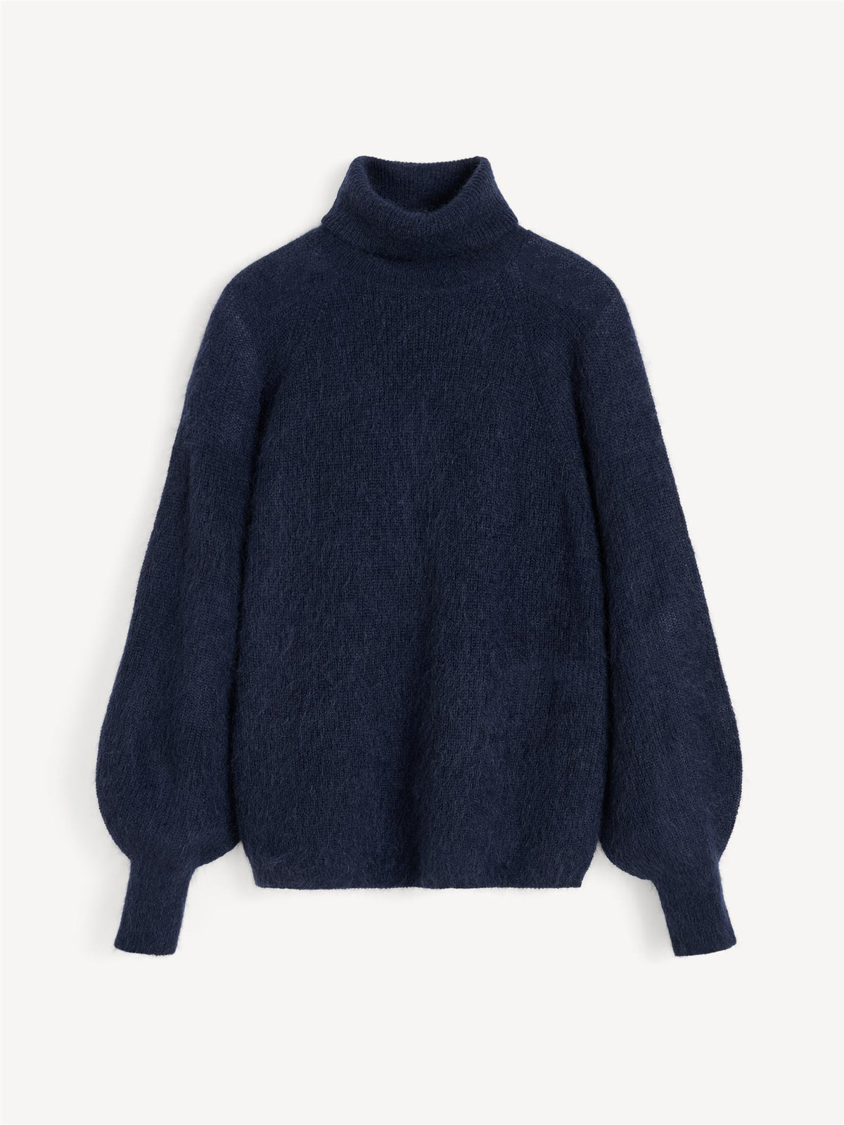 Mørkeblå høyhalset mohairgenser med oversized passform, mohair og ull – By Malene Birger