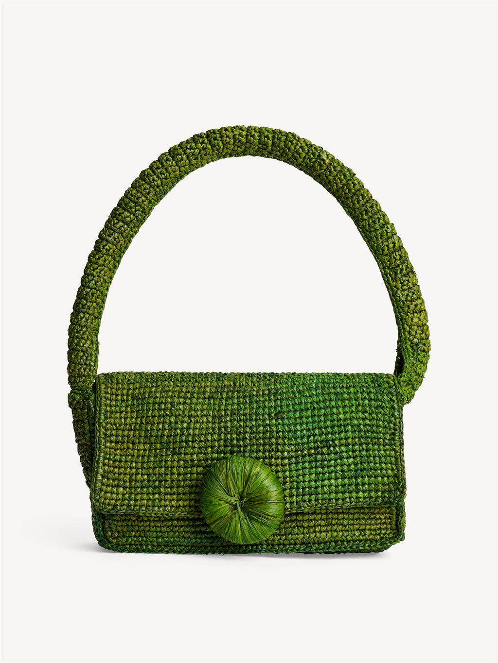 By Malene Birger Miro veske grønn i 100% strå, med brodert monogram og en blomsterknopp-detalj i front.