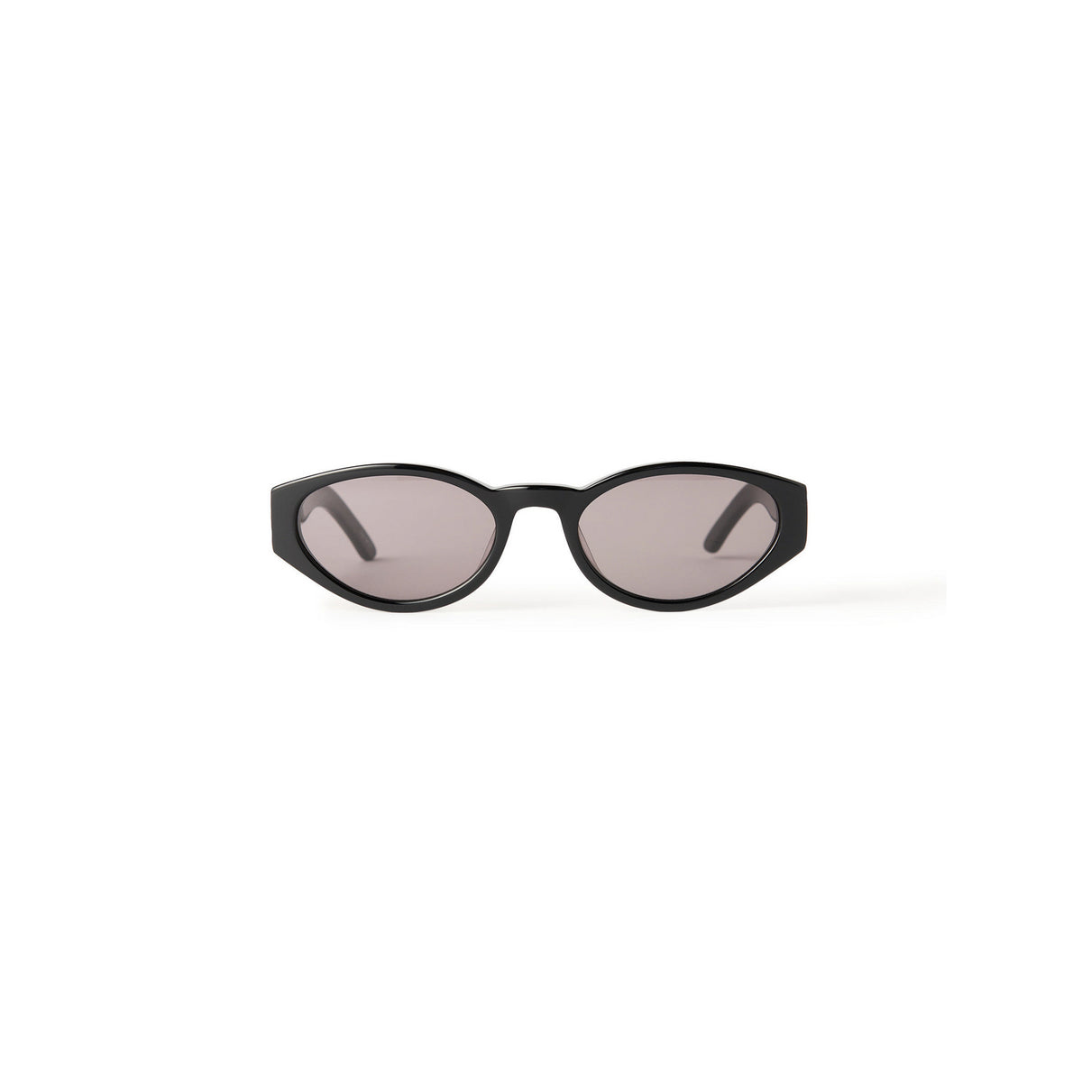 Sort oval cat-eye ramme i acetat, mørke UV-beskyttende linser, monogram-emblem på siden