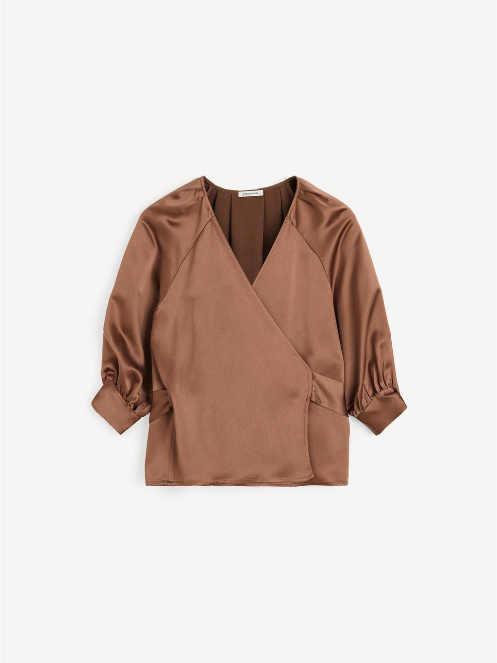 Brun sateng omslagsbluse, feminin V-utringning, omslagslukning