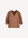 Brun sateng omslagsbluse, feminin V-utringning, omslagslukning