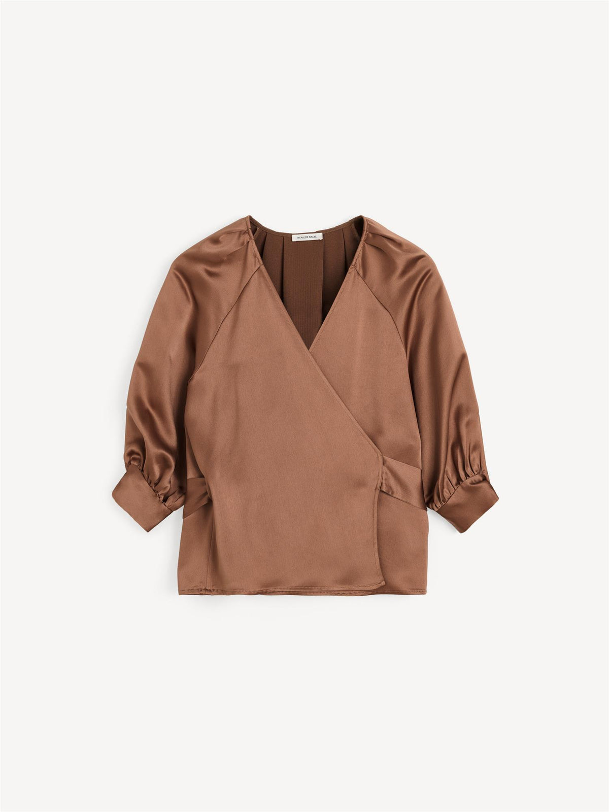 Brun sateng omslagsbluse, feminin V-utringning, omslagslukning