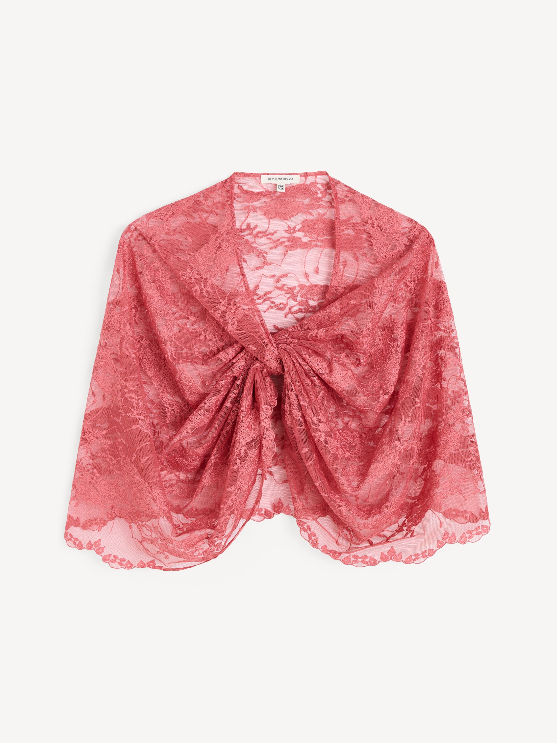 By Malene Birger PINLOS LACE cape i rosa med blondedetaljer og Signatur Flower-print. Elegant og lett tekstur med feminine kanter.