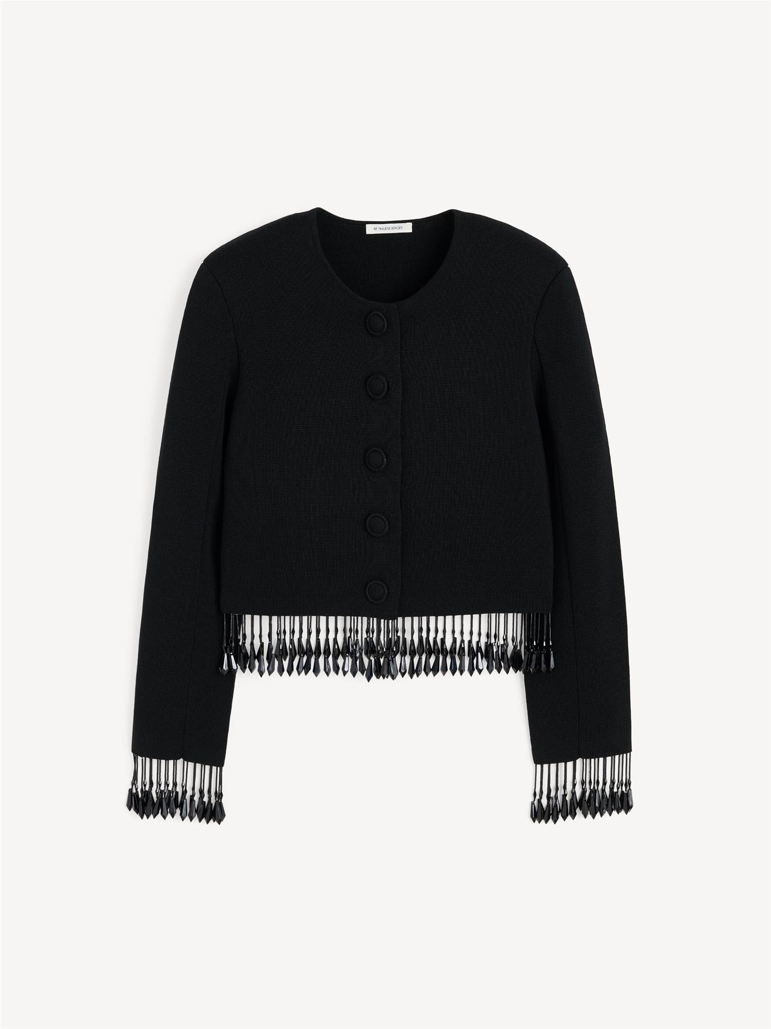 Sort cardigan med perldetaljer og klassisk passform – By Malene Birger