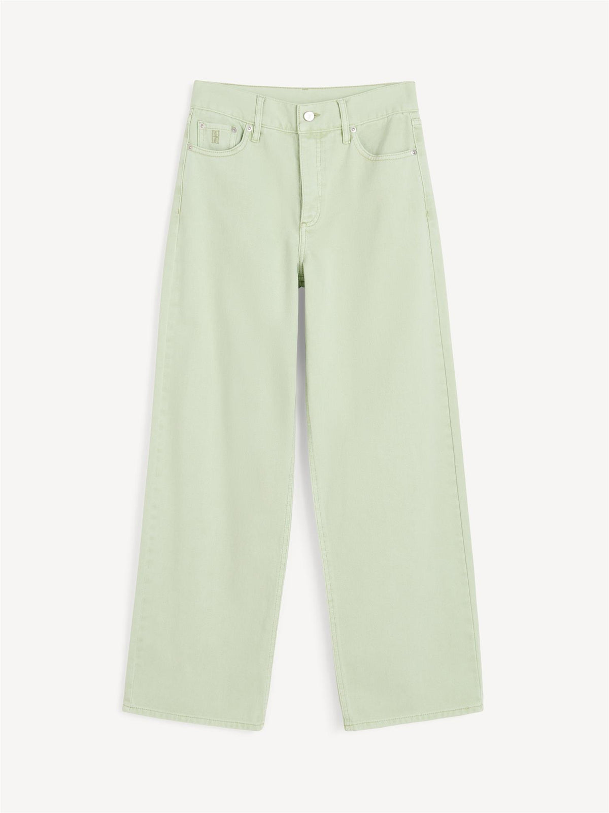 Vinola jeans i lysegrønn denim, løs passform med vide ben og mellomhøyt liv.