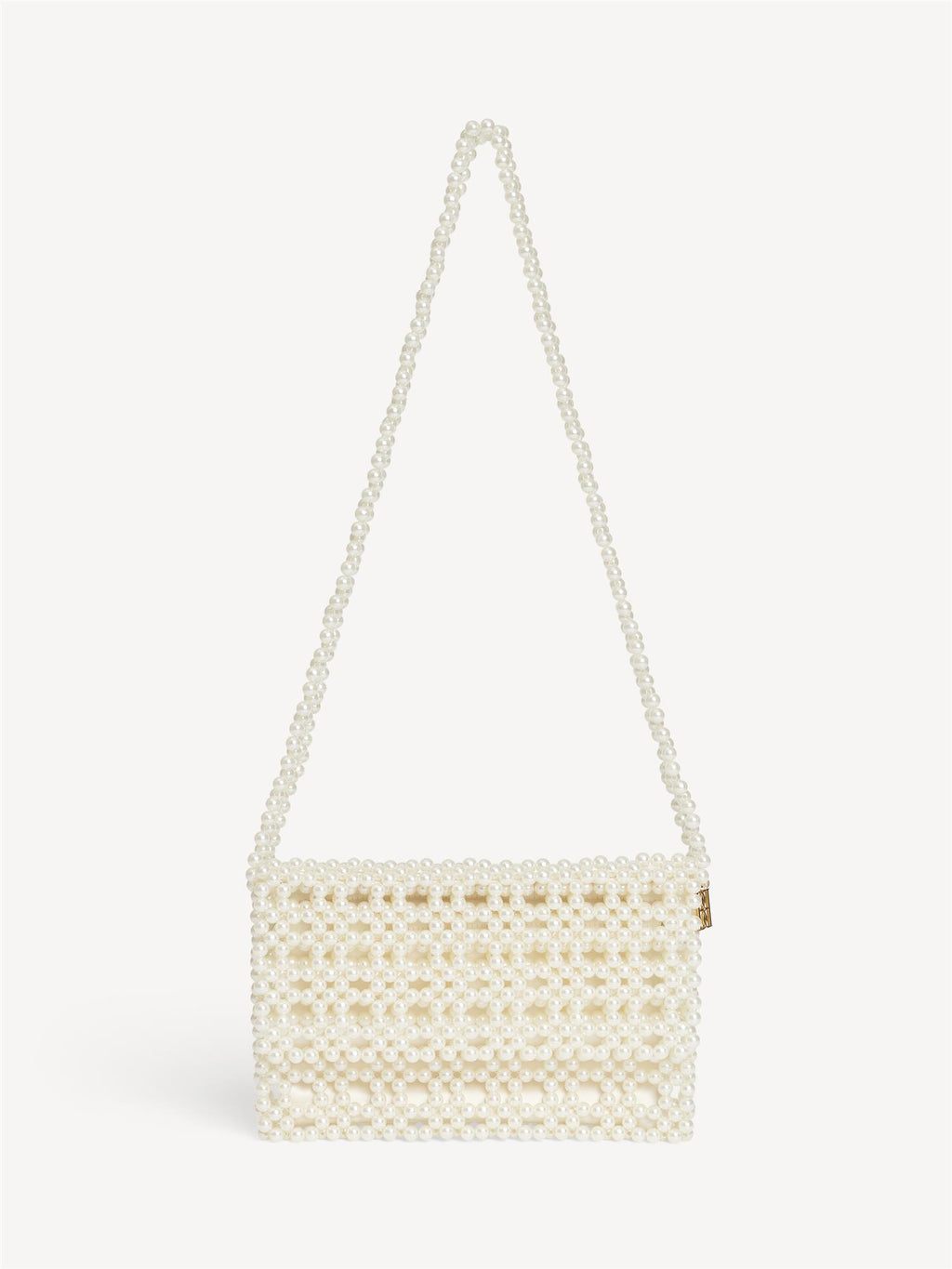 CHAKLO skulderveske i hvite perler med monogram og satengpose innvendig
