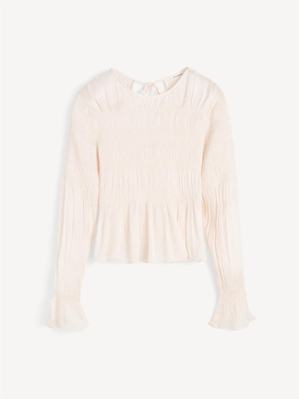 Hvit OVAS bluse fra By Malene Birger i 100% viskose med strukturstoff, dyp v-utringning bak, knyting i nakken og peplumkant.