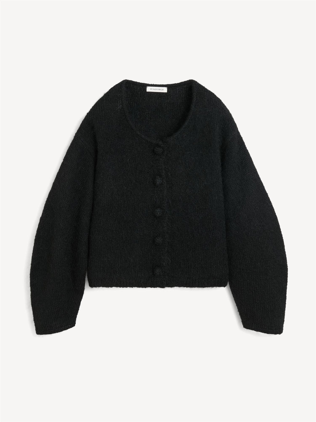 Sort ZHAREA cardigan i ull og mohair med nett lengde, buede ermer og trukne knapper i front.
