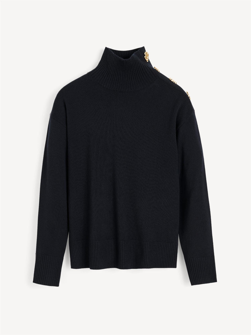 Sort høyhalset genser i 100% ull med polo-hals og slim fit – By Malene Birger