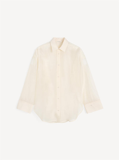 By Malene Birger Derris Organza gjennomsiktig skjorte i hvit silke og bomull, nett krage og oversized passform.