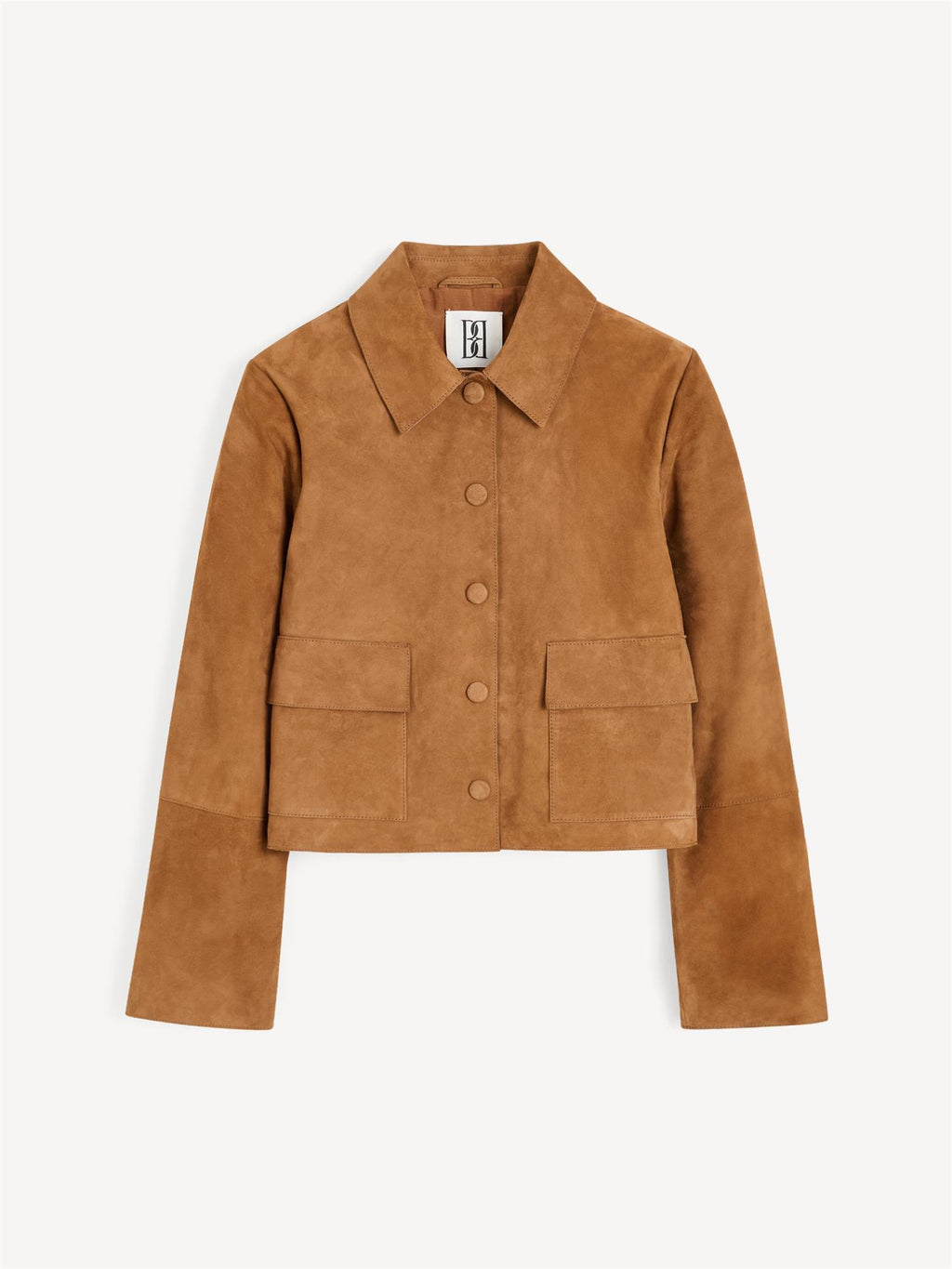 Brun kort jakke i semsket skinn, feminint cropped snitt, myk semsket kvalitet