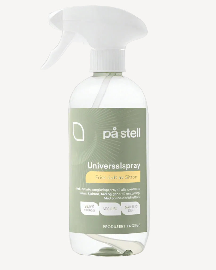 På Stell universalspray sitron, et naturlig rengjøringsmiddel for hjemmet med en mild duft av sitron og en antibakteriell effekt.