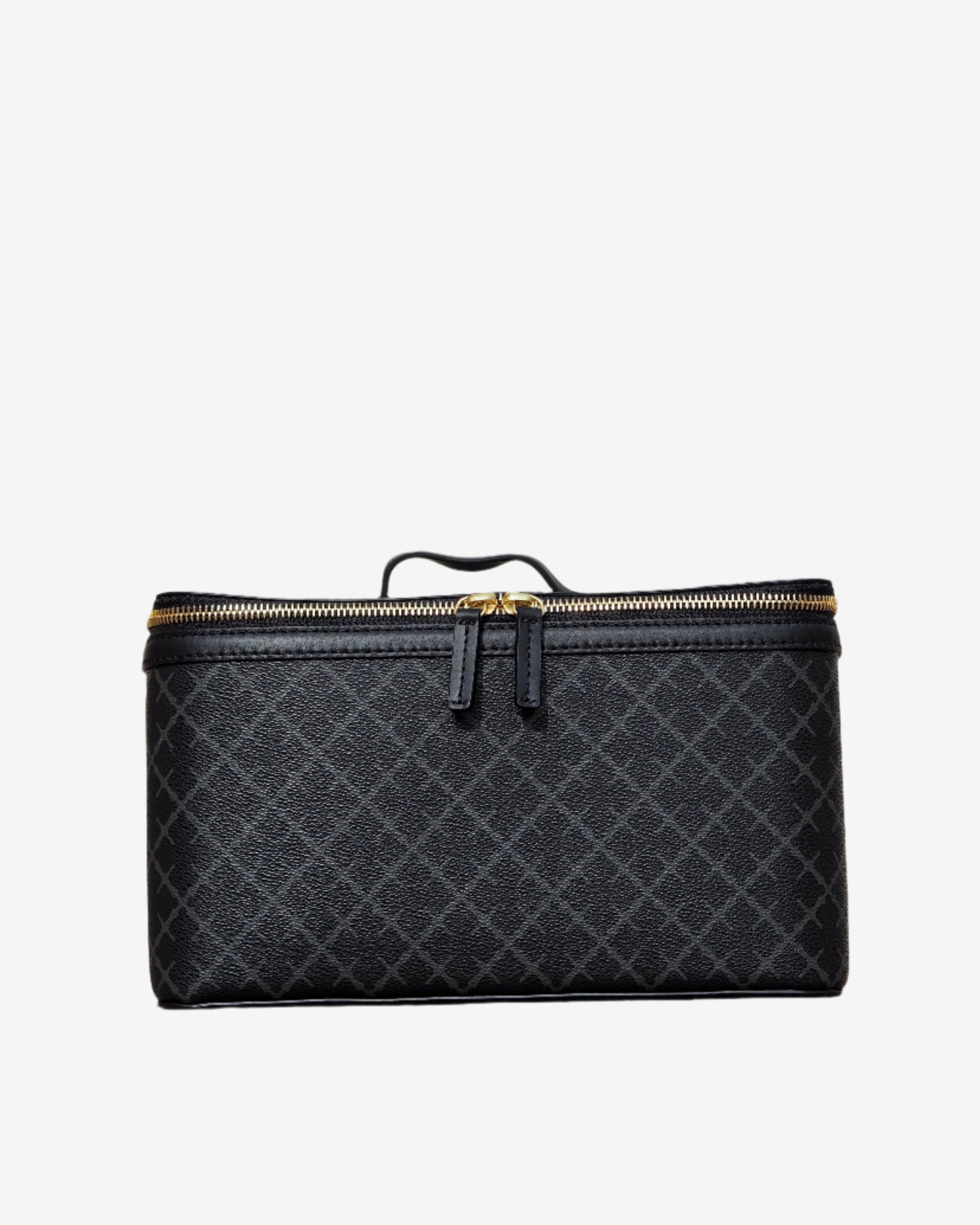 By Malene Birger Bae Beauty Box toalettmappe i mørkegrå, laget av polyvinylklorid med Signature Flower-print, med flere rom og en ekstra sminkepung.