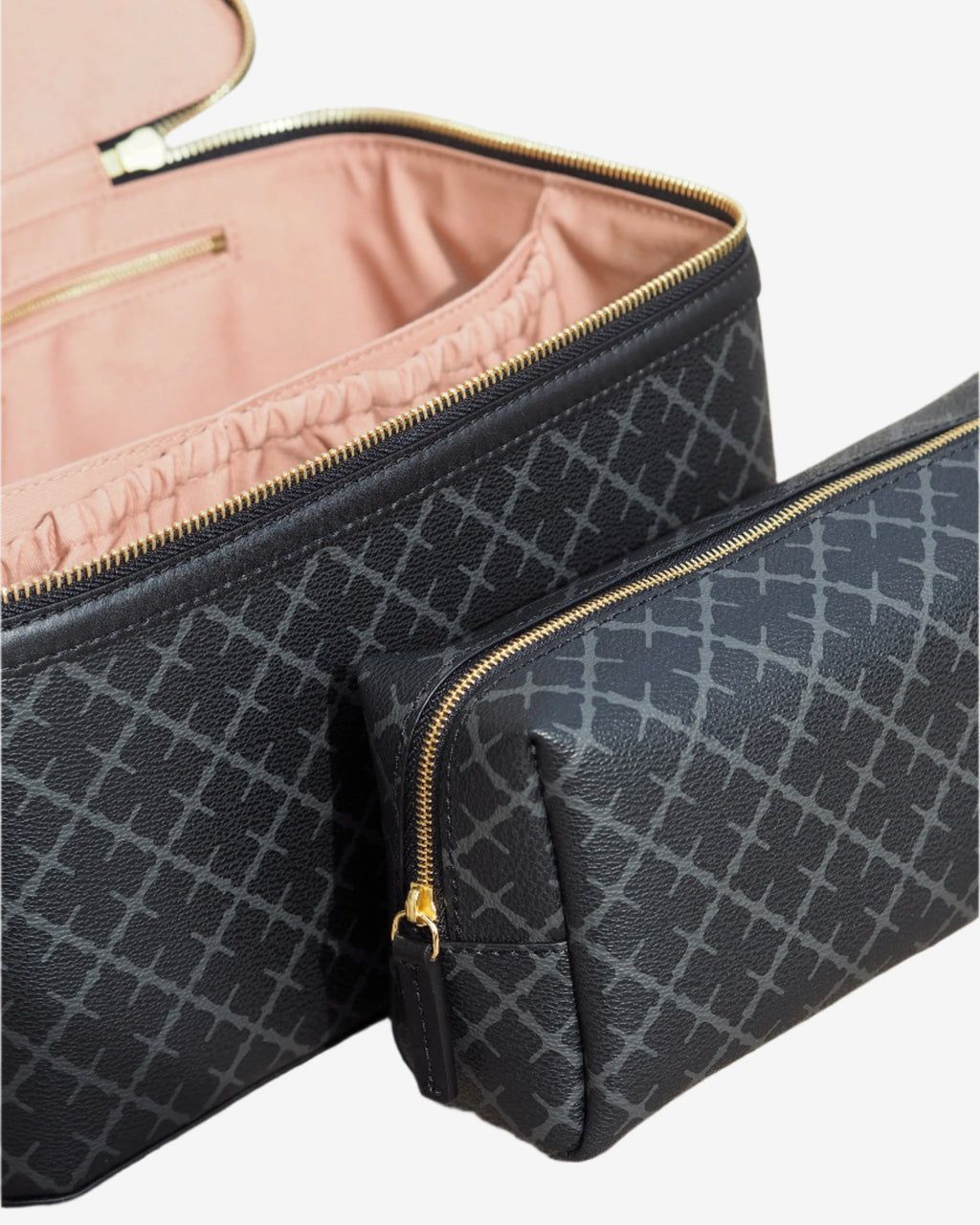 By Malene Birger Bae Beauty Box toalettmappe i mørkegrå, laget av polyvinylklorid med Signature Flower-print, med flere rom og en ekstra sminkepung.