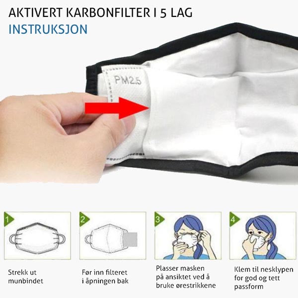 PM2.5 karbonfilter til munnbind, laget med 5 lag som gir ekstra beskyttelse mot tåke, bakterier og støv.
